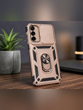 Rugged Shockproof Phone Case w/ Ring Holder & Camera Slide Cover SX A15 Beige‎